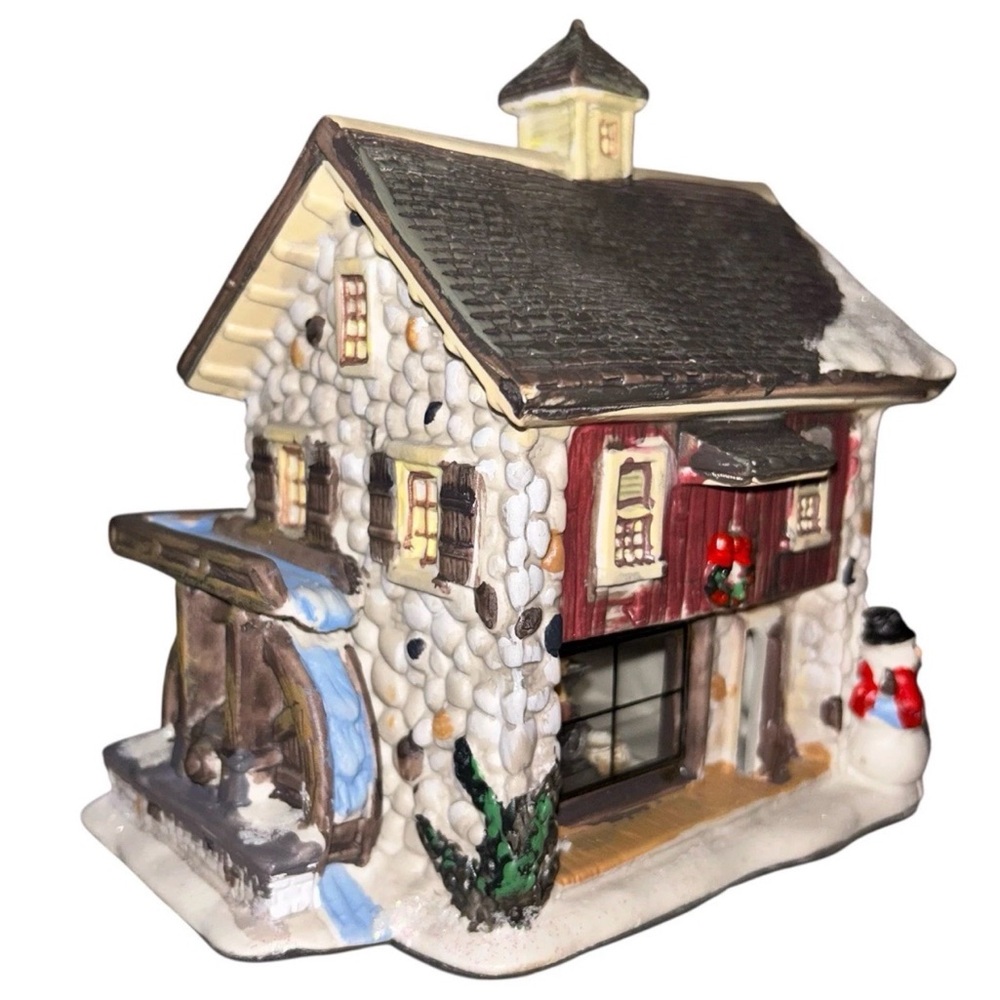 Lighted Ceramic Christmas Village House Cottage Figurine with Snowman